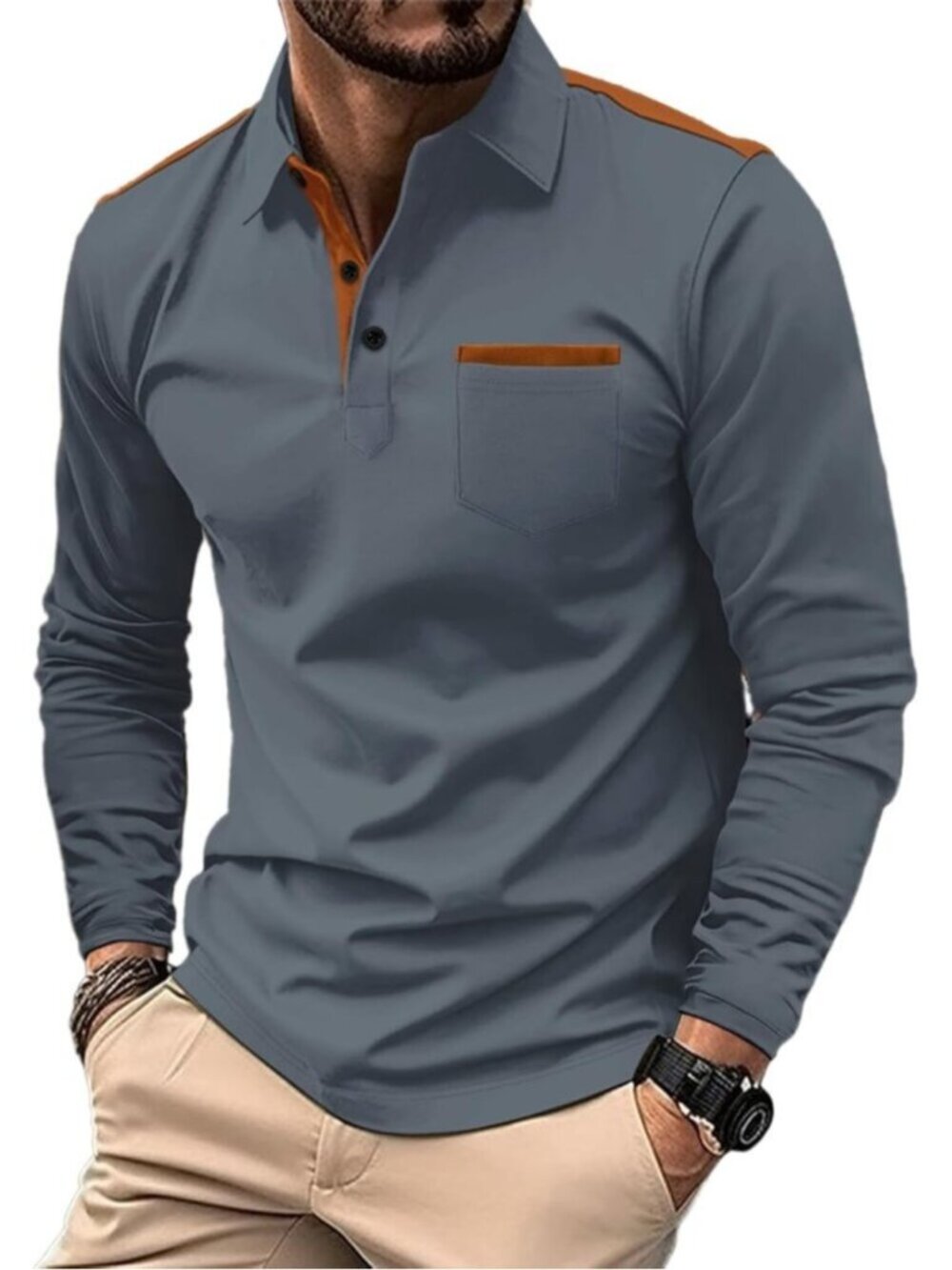 Men's 3 Deep Grey Casual Polo Shirts Classic Short Sleeve Fashion Button Pocket